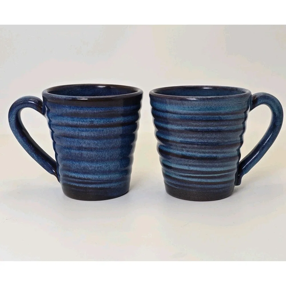 Rackliffe Pottery Blue Hill Maine Pair Signed Studio Pottery Blue Mugs - Picture 1 of 11